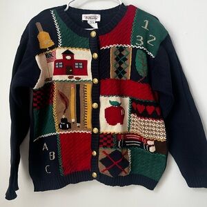 Talbots Multicolor Patchwork Cardigan with Gold Buttons